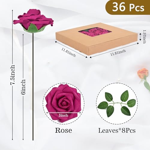 BLEUM CADE 36Pcs Artificial Flowers Fake Foam Roses with Stems for Wedding