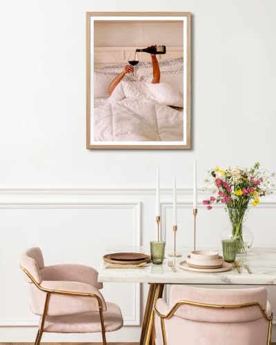 EcoHest 18x24 in Woman Drinking Wine in Bed Framed Wall Art for Bedroom