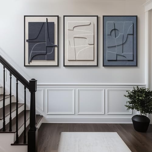 Large 3D Textured Framed Blue White Abstract Wall Art Set, 3 Piece 20x30 In