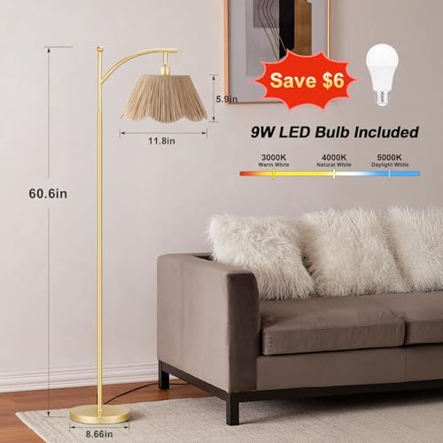 Ambimall 60" Floor Lamps for Living Room with 3 Color Temperatures, Gold Floor Lamp with Rattan Shade, Modern Tall