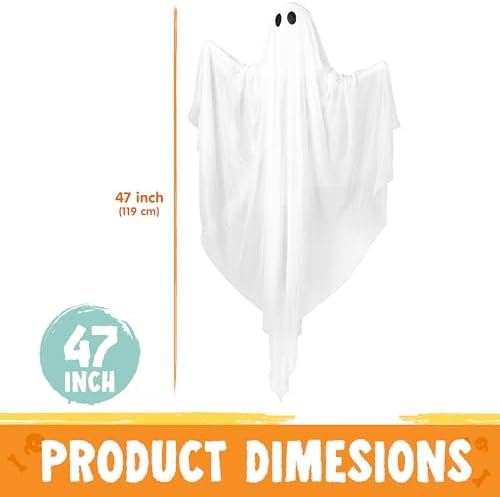 JOYIN Halloween Hanging Light up Ghost, 47” White Ghosts with Blue LED Light and Timer Halloween Hanging Decoration Waterproof for Front Yard Patio Lawn Garden Party Decor Indoor Outdoor