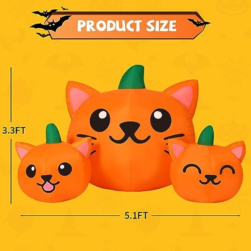 COMIN Halloween Inflatable 5FT Long Three Pumpkin Cat Head Combo with Built-in LEDs, Blow Up Yard Decoration for Holiday Party Indoor, Outdoor, Yard, Garden, Lawn