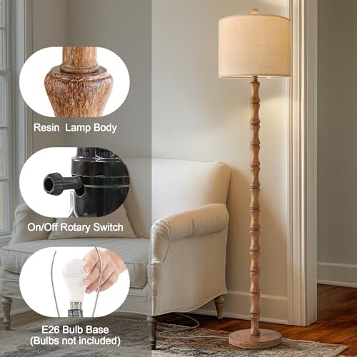 BOBOMOMO 62" Rustic Floor Lamp for Living Room, Retro Farmhouse Floor Lamp Rotary Switch, Resin Standing Lamp for