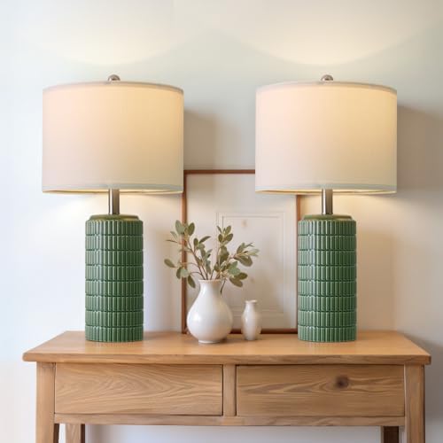 PoKat 24" Modern Ceramic Table Lamps Set of 2 for Bedroom, Green Bedside Lamps for Night Stands, Farmhouse House Decor