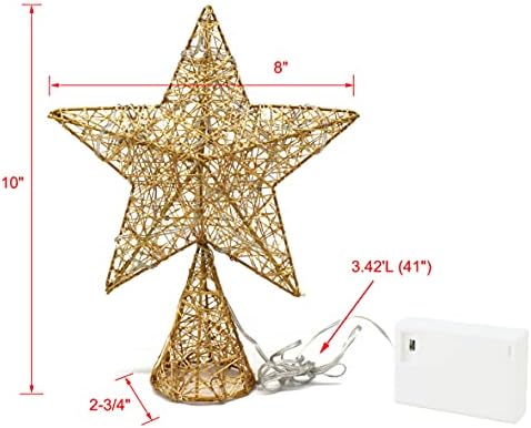 CVHOMEDECO. Gold Tree Top Star with Warm White LED Lights and Timer for Christmas Ornaments and Holiday Seasonal Décor, 8 x 10 Inch
