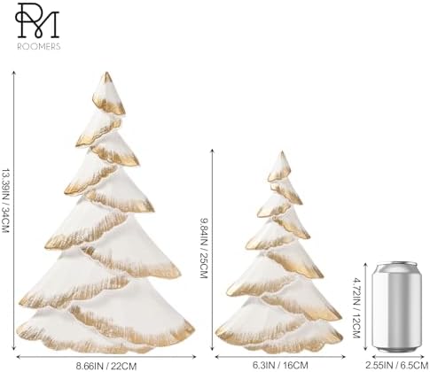 RM ROOMERS Christmas Tree Figurines Wood, 2PCS White & Gold Tabletop Trees