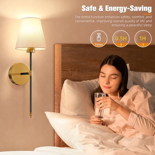 NIORSUN 19.9 inch Battery Operated Wall Sconce Set of 2,Black-Gold Rechargeable Wall Lights with 10400mAh Dimmable