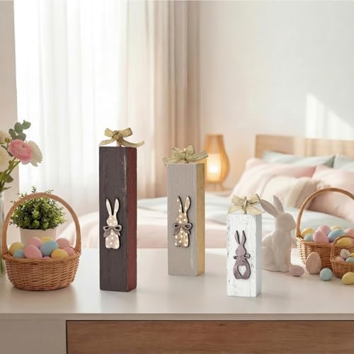 Smile 3-Piece Easter Bunny Wooden Block Set, Rustic Tiered Tray Decor with Burlap Bows for Spring & Easter