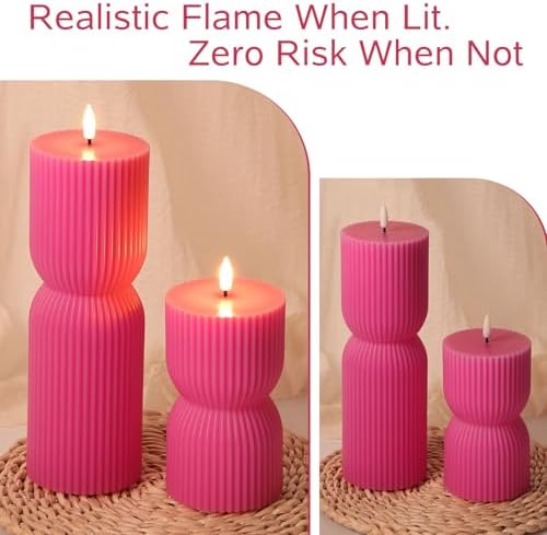 Hot Pink Ribbed Flameless Pillar Candles with Remote Set of 2