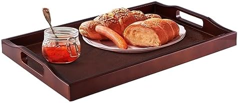 MDLUU Plastic Serving Tray, Ottoman Tray with Cutout Handles, Rectangle Butler Tray for Breakfast in Bed, Coffee Table Decor, Party (Red Brown)