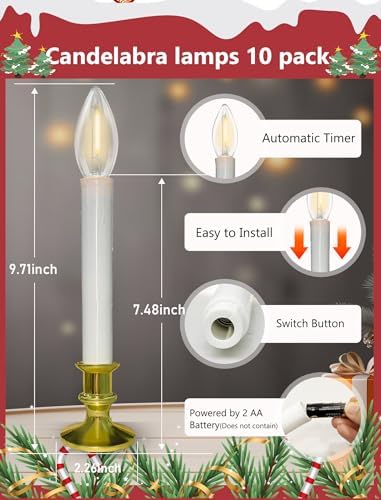 10 Pack Valentines Window Candles Lights, Battery Operated Flameless Candles with C26 LED Bulbs, 6-18H Timed Electric Candle Holders for Indoor Christmas Window Wedding Valentine's Day, Gold Base