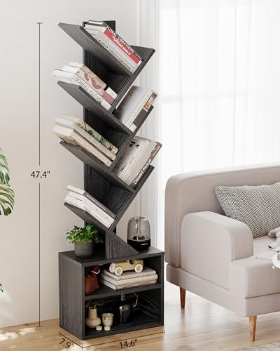 SUNMORY 6 Tier Tree Bookshelf, Tall Small Bookcase with Storage Cabinet