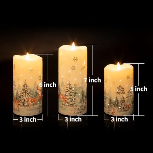 Eywamage Fiber Optic Christmas Flameless Pillar Candles with Remote, Flickering Forest Deer Holiday LED Battery Candles Set of 3