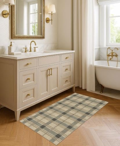 Front Door Mat Indoor Entrance - 2x4.3 Taupe Beige Tartan Plaid Rug