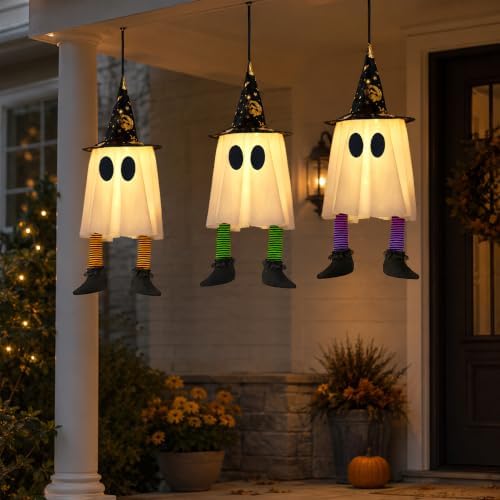 JOYIN 23.6'' 3Pcs Halloween Hanging Ghosts Decorations Outdoor, Warm Light Up Ghosts with Witch Hat & Timer, Flying Halloween Decorations for Yard Porch Lawn Party Supplies Tree Decor