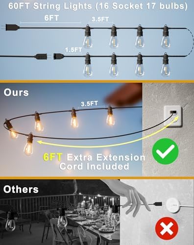 60FT LED Outdoor String Lights with 16+1 Edison Shatterproof Waterproof Bulbs, 2700K Commercial Grade Patio Lights