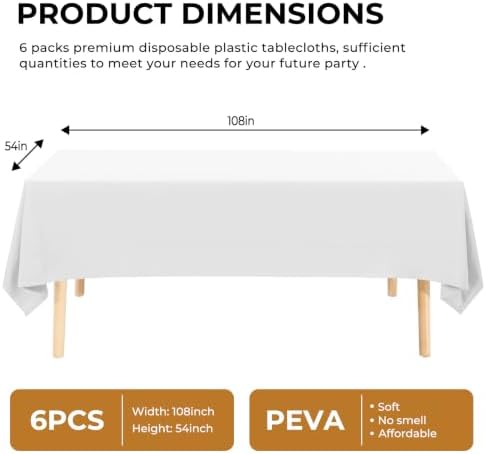 6 Pack Premium Disposable Plastic Tablecloth 54" x 108" Party Table Cloths Disposable for 6 to 8 Foot Tables Indoor or Outdoor Parties Birthdays Weddings Christmas Anniversary Buffet Table (White)