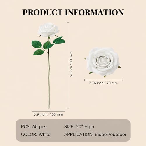 60 Pcs White Velvet Artificial Roses Flowers Real Looking Silk Faux Roses Bulk Long Stems for Wedding Centerpieces,DIY Floral Arrangements,Home Decor,Anniversary,Valentine's Day