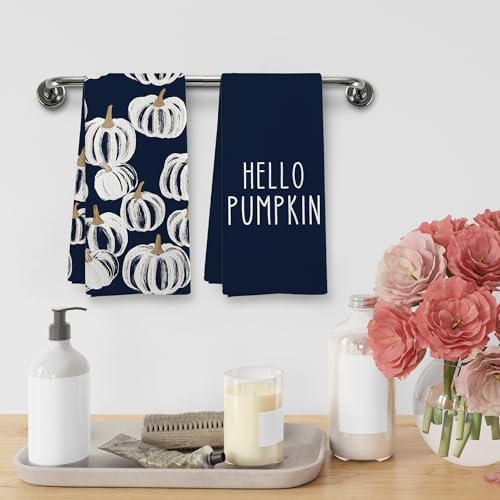 Fall Hello Pumpkin Kitchen Towels and Dishcloths Sets of 2, Navy Blue Pumpkin Fall Decor Decorations Dish Hand Tea Towels Gifts for Bathroom Kitchen, Autumn Aesthetic Fall Decor, 16x24 Inch