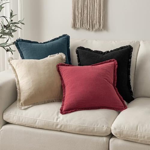 MIULEE Boho Linen Fringe Decorative Throw Pillow Covers Burgundy 18x18