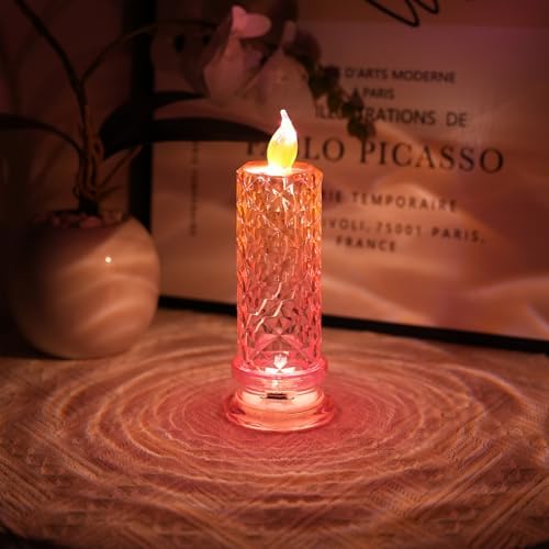 SupBri 4PCS Rose Halo LED Flameless Candles, Pink Crystal-Like Shell