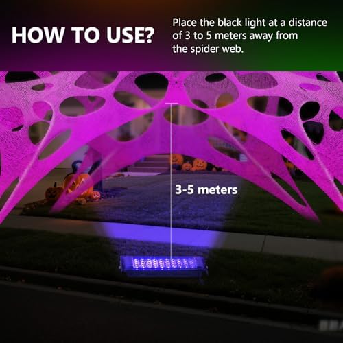 Glow in The Dark Pink 1000 Sqft Uncut Giant Spider Web Halloween Decorations Outdoor with 1 Black Light &10 Ground Nails Stretchy Beef Cloth Netting Cut-Your-Own for Yard Party