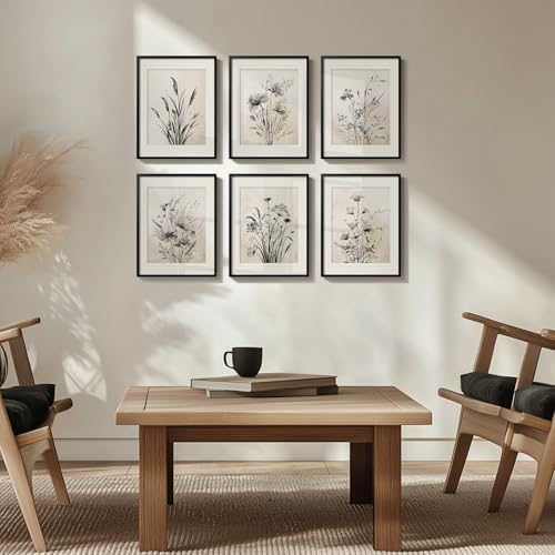Mat for Farmhouse / 11" W x 14" H x / Black Floral - Black Framed / Set of 6