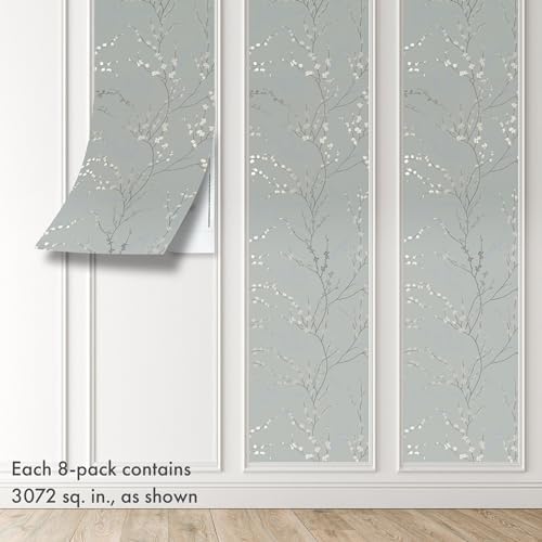 Peel and Stick Wallpaper Panels in West Coast Branch Floral Design / Sage Green / 16 x 24 / Set of 8