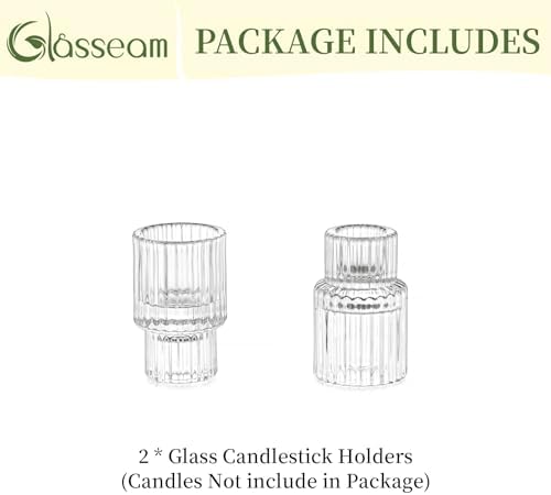 Glasseam Glass Taper Candle Holders 2 Pcs Small Candlestick for Table Decor