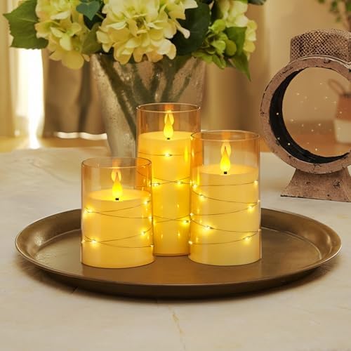 Homemory Flickering Flameless Candles, Gold LED Pillar Candles with Remote