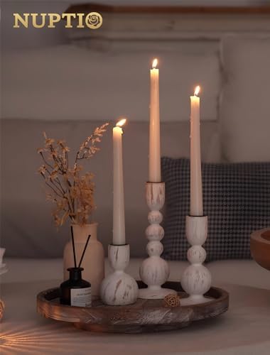 NUPTIO Wooden Taper Candle Holders, Set of 3 White Candlesticks