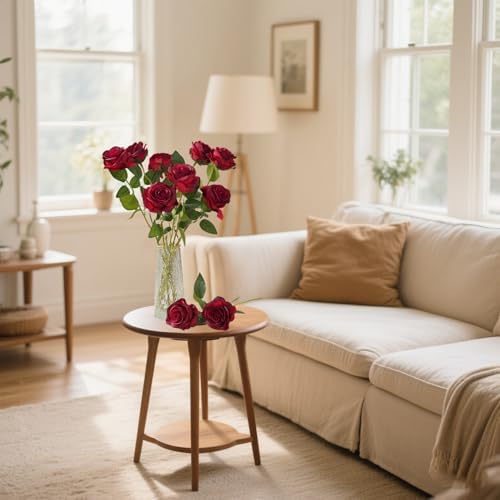 Laelfe 12 PCS Artificial Flowers Roses Silk Flowers Fake Long Stem Artificial Roses for Home Wedding Bathroom Kitchen Decorations (Gradient Burgundy)