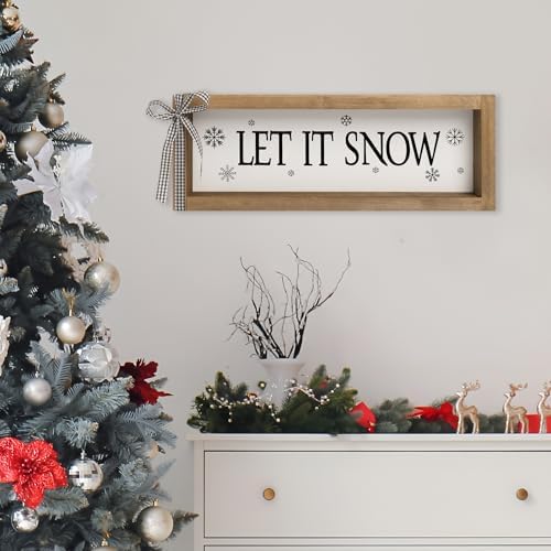 Let It Snow Sign, White Wooden Winter Holiday Centerpieces Snowflake Decor, Indoor Table Top Wall Shelf Desk Mantel Decorative Signage Wood Plaque Rustic Farmhouse Decorations for Home