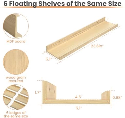 upsimples Floating Shelves for Wall Decor Storage, Natural, 6Pcs, 23.6''