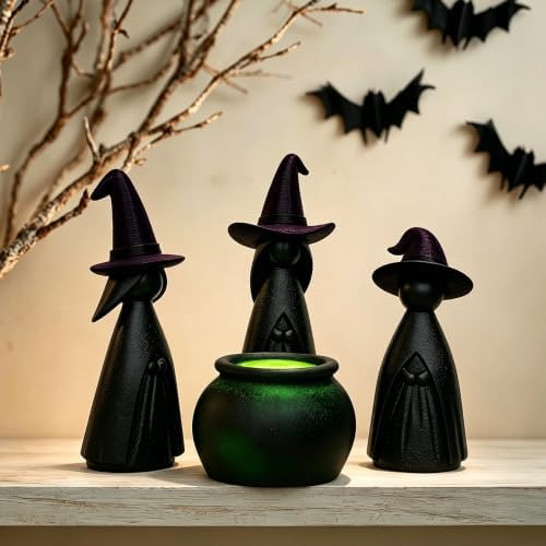 NEROSUN 4 PCS Halloween Witches Cauldron Figurine, Resin Miniature Scary Witches Tabletop Ornaments, Lighted Cauldron Ornaments for Indoor Outdoor Fireplace Shelf Home Halloween Party Decor Supplies