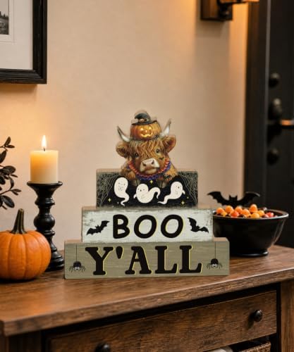 Putuo Decor Halloween Highland Cow Table Decor, Wooden Boo Yall Shelf Sign