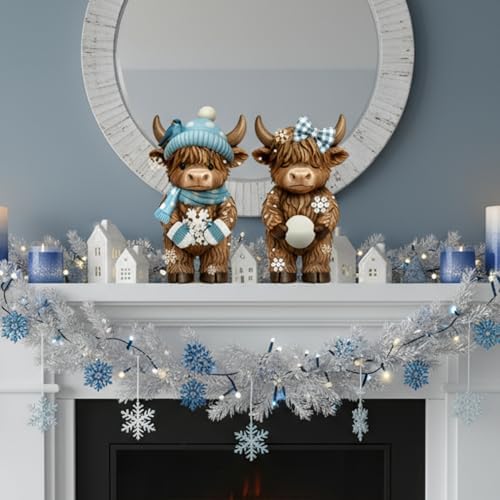 Simgoing 2 Pack Winter Highland Cow Figurines Snowflake Highland Cow Tabletop Decorations Calf Lovers Gifts for Home Centerpieces Holiday Ornament Gifts