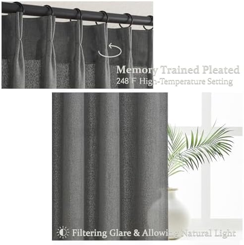 Dark Grey Memory Shaped Pinch Pleated Living Room Curtains 84 Inches Long 2 Panels Set, Textured Linen Semi Sheer