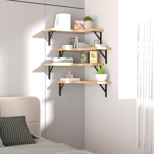 ROMGUAR CRAFT Corner Floating Shelves Wall Mounted Set of 4, Natural