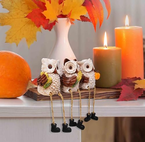 Thanksgiving Owl Figurines Set of 3 Fall Shelf Sitters Dangling Legs