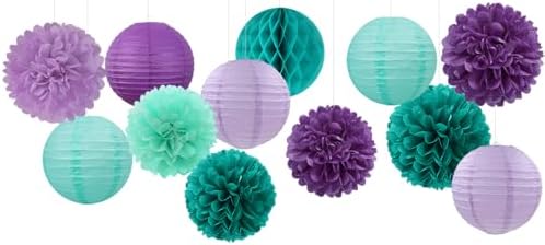 Teal-Purple Party-Decorations Paper Flowers Lanterns - 15PCS Lavender Girl Mermaid-Birthday Tissue Pom Poms Streamers,Baby Bridal Shower Wedding Classroom Hanging Supplies Decor Hugfond
