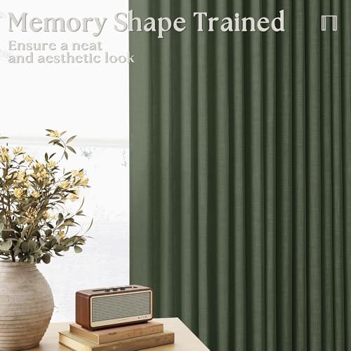 Olive Green Pinch Pleat Linen Semi Sheer Curtains 45 Inch Length 2 Panels