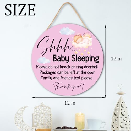 Baby Girl Sleeping Wood Hanging Sign for Front Door, Do Not Knock or Ring Doorbell House Welcome Sign