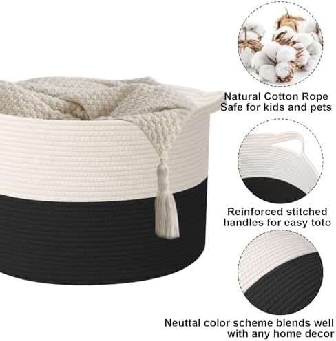 65L Large Blanket Basket,Woven Rope Laundry Basket-White&Black