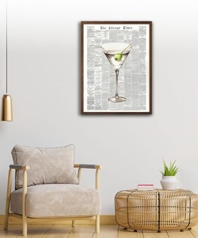 EcoHest 12x16 in Martini Newspaper Framed Wall Art for Bar Cart