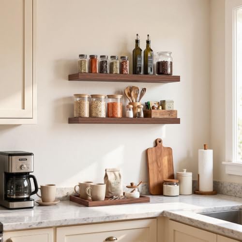 BAYKA Walnut-Like Floating Shelves 22.5in, 2 Pack, Wall Mounted Wall Decor