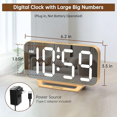 Peakeep Slim Digital Mirror Aesthetic Alarm Clock for Bedrooms Desk Decor