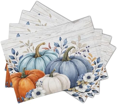 Thanksgiving Placemats Set of 6 18x12 Inch Fall Blue Pumpkin Linen Place Mats Heat-Resistant Washable Wipeable Autumn Leaf Floral Wood Grain Table Mat for Party Kitchen Dining Room Dinner Table Decor