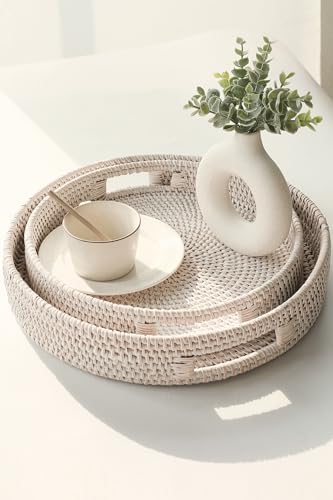 HITOMEN Hand-Woven Round Rattan Serving Tray Decorative Ottoman Wicker Platter with Handles for Coffee Table, Breakfast, Drinks, Snack, Bread, Fruit, Vegetables (Whitewash Set of 2: M+L)
