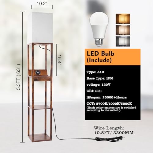 RUNTOP Floor Lamp with Shelves, Shelf Floor Lamp with Wireless Charger & 2 Charging USB Ports & Drawer, AC Outlet, 3